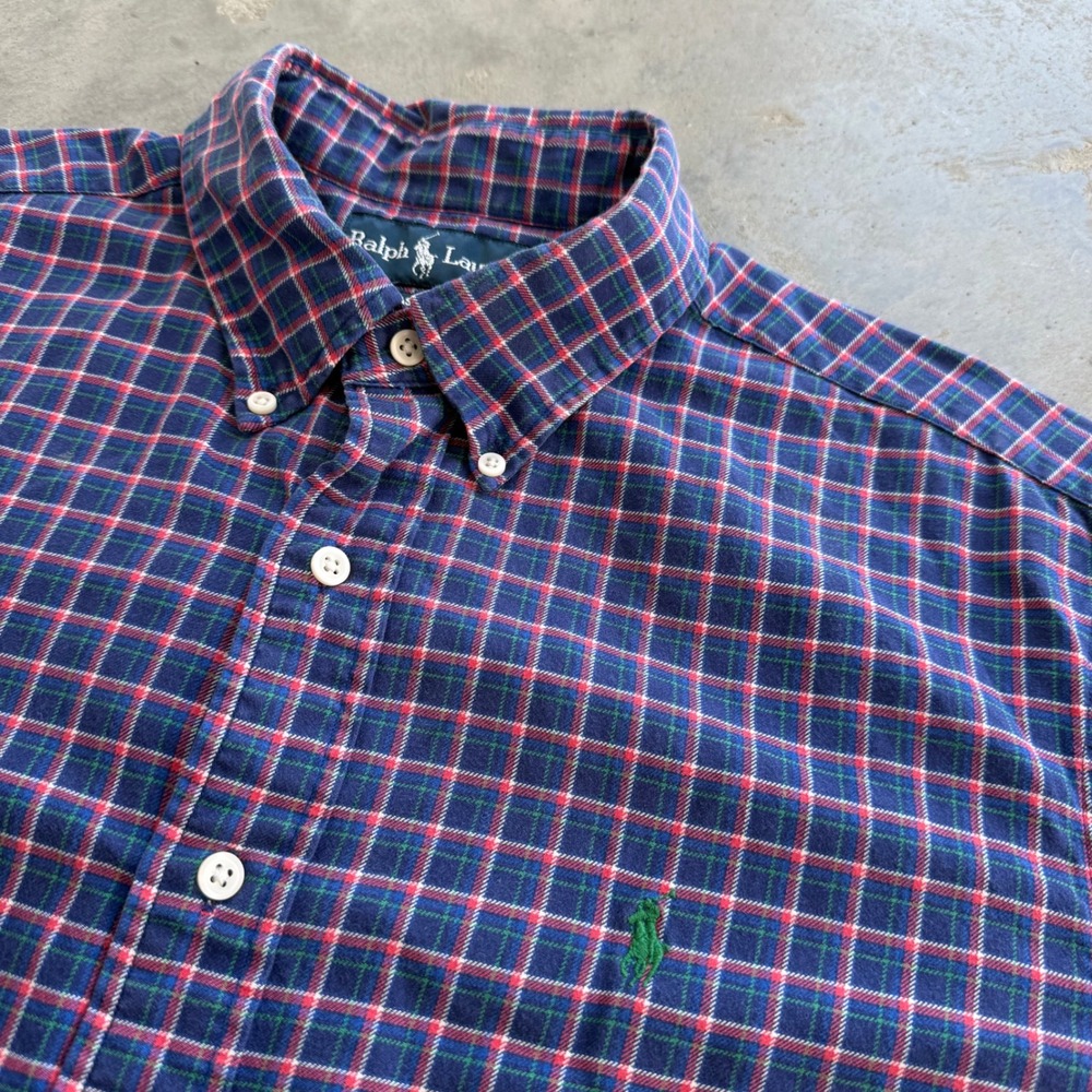 Vintage Ralph Lauren Classic Fit Plaid Button Down Shirt Navy Red Large 90s